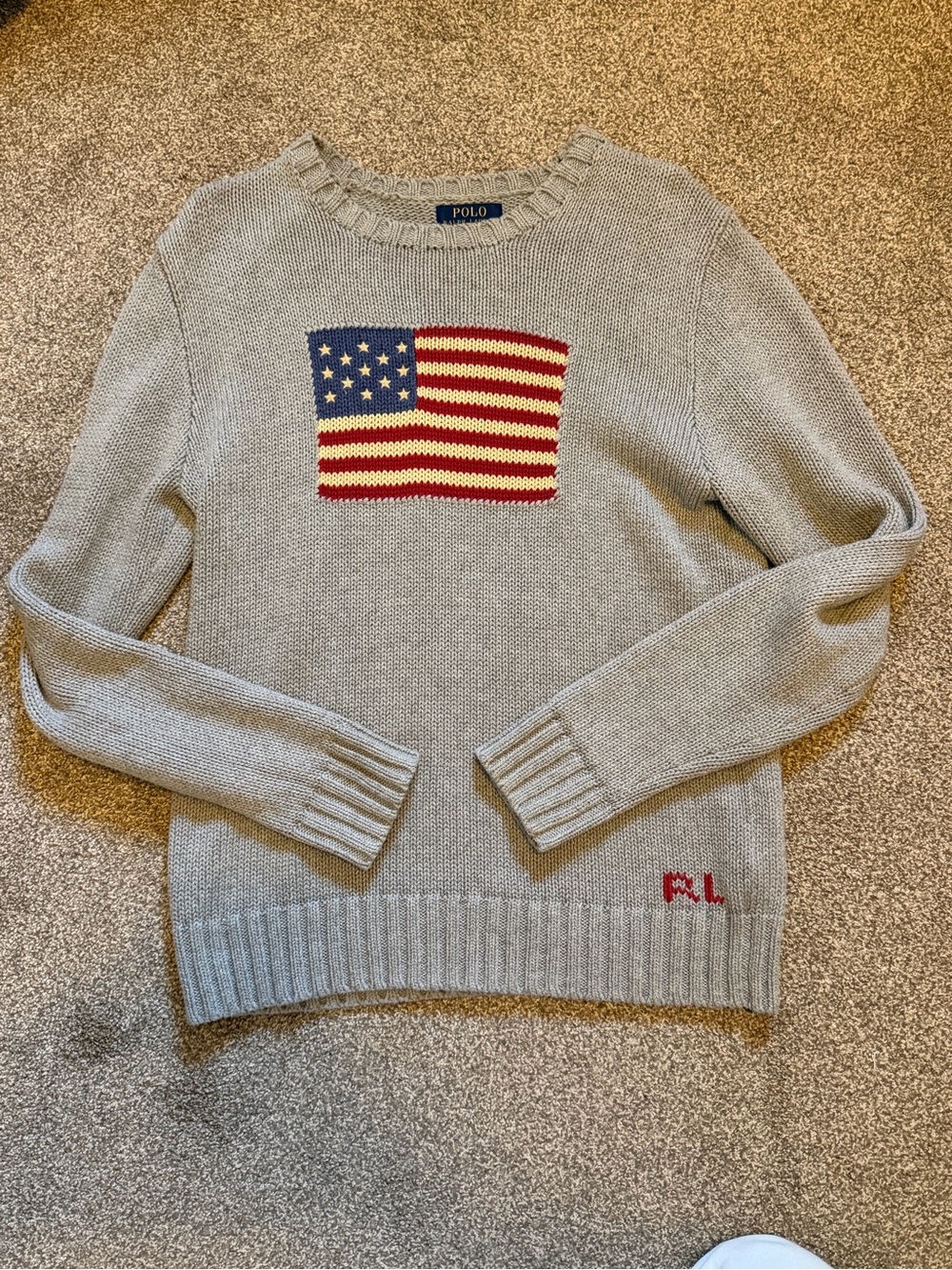 Polo by Ralph Lauren Light Gray Crewneck Sweater with Flag Motif